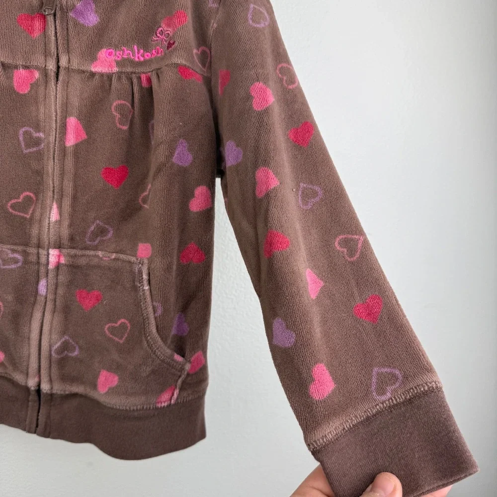 OshKosh 3T‎ Brown Velour Heart Hoodie Zip Up Y2K Toddler Jacket Girls